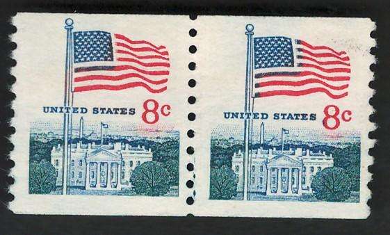 USA 1968 Flag and White House (P10 Vert). Scott #1338G (Coil strip of 2)