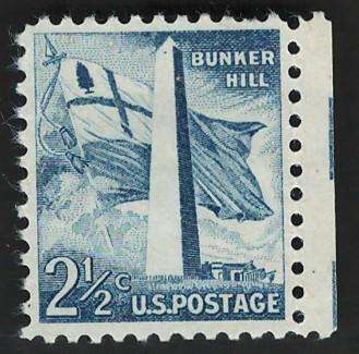 USA 1954-68 Liberty Issue: Bunker Hill, Monument, Mass. Flag. Scott #1034 (Unused)