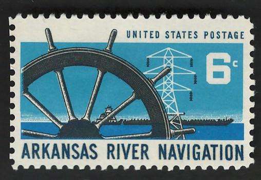 USA 1968 Arkansas River Navigation: Ship Wheel, Power Transmission Tower & Barge (MOGH). Scott #1358