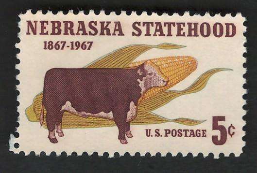 USA 1967 Nebraska Statehood: Hereford Steer and Corn (Unused). Scott #1328