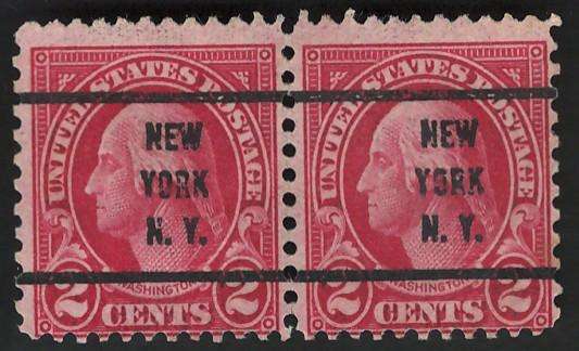 USA Scott 1926/34 (P11x10½) #634 2c (New York pre-cancel)(Pair). Price R10