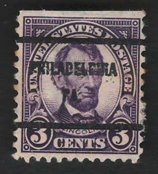 USA Scott 1926/34 (P11x10½) #635 3c (Philadelphia pre-cancel). Price R7