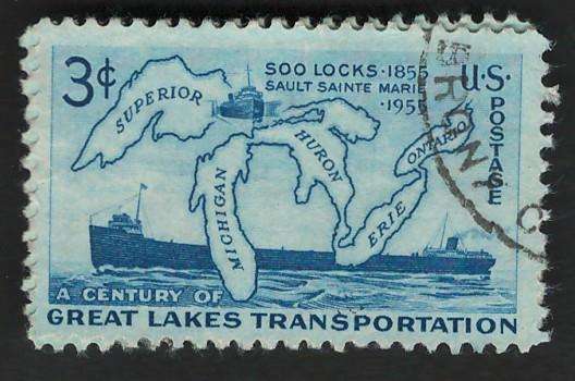 USA 1955 Soo Locks: Map of Great Lakes and Two Steamers. Scott #1069