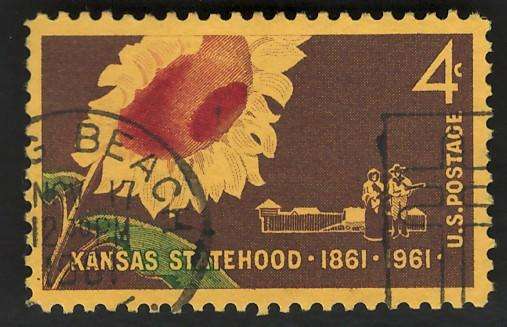 USA 1961 Kansas Statehood: Sunflower, Pioneer Couple and Stockade. Scott #1183