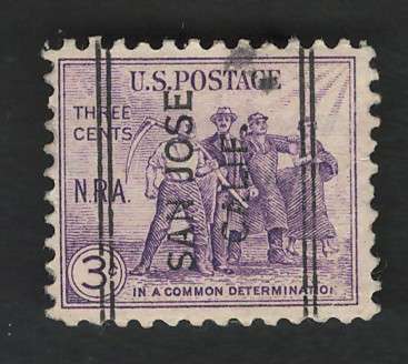 USA 1933 Worker Group. Scott #732 3c Purple (San Jose pre-cancel). Price R5