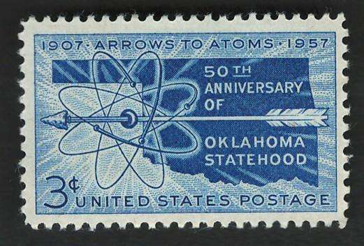 USA 1957 Map of Oklahoma, Arrow and Atom Diagram (MNH). Scott #1092