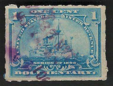 USA Scott Revenue-Documentary 1898 #R163 1c Pale Blue (series of 1898)