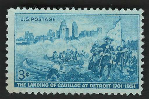 USA 1951 Detroit Skyline and Cadilac Landing. Scott #1000 (Unused). Price R6