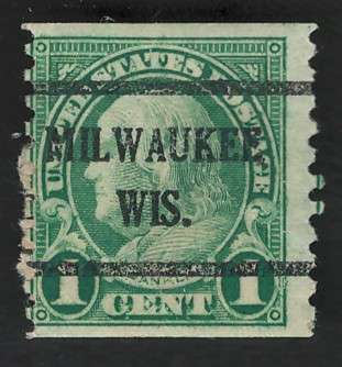 USA-1923/29  (P10 Vert.) Scott #597 1c Green (Milwaukee pre-cancel). Price R7