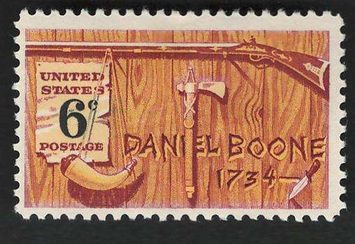 USA 1968 Amer. Folklore: Daniel Boone: Rifle, Powder Horn, Tomahawk Pipe & Knife (MOGH). Scott #1357