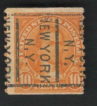 USA 1923/29  (P10 Vert.) Scott #603 10c Orange (Vertical New York pre-cancel). Price R9