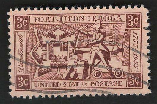 USA 1955 Fort Ticonderoga: Map of the Fort, Ethan Allen and Artillery. Scott #1071