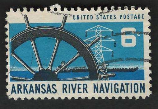 USA 1968 Arkansas River Navigation: Ships Wheel, Power Transmission Tower & Barge. Scott #1358