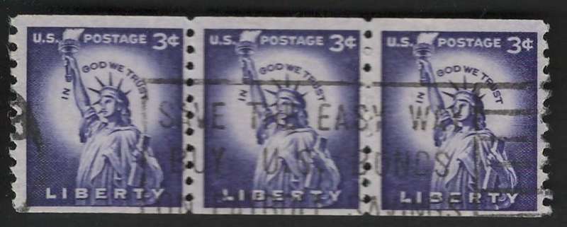 USA 1954-80 (P10 Vert). Statue of Liberty (Strip of 3). Scott #1057