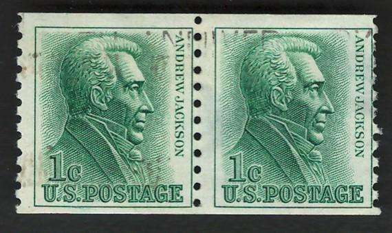 USA 1962-66 Coil Stamps (P10 Vert): Andrew Jackson (Strip of 2). Scott #1225