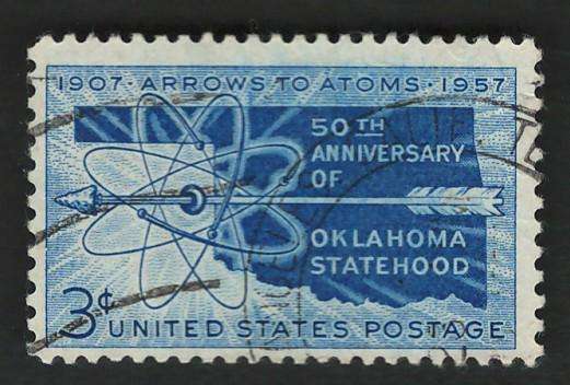 USA 1957 Map of Oklahoma, Arrow and Atom Diagram. Scott #1092