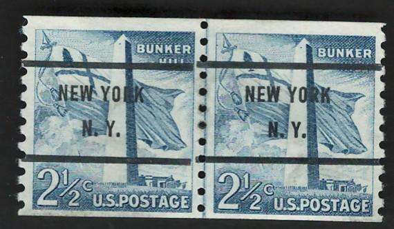 USA 1954-80 (P10 Vert). Bunker Hill Monument, Mass. Flag (New York pre-canc strip of 2). Scott #1056