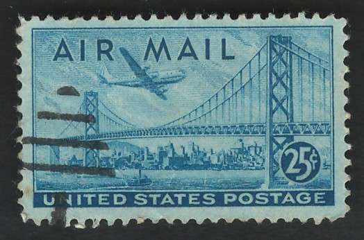 USA Scott Air Post 1947 Oakland Bay Bridge  #C36 25c Blue. Price R2