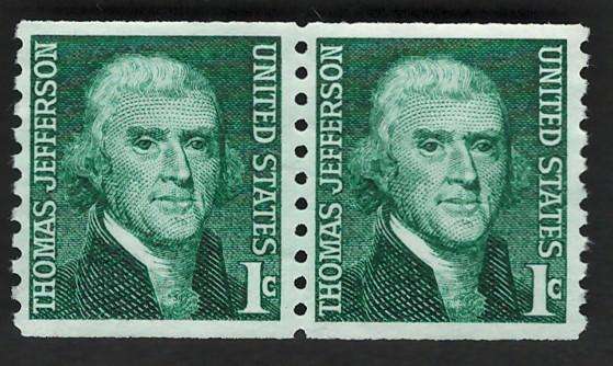 USA 1966-81 Prominent Americans (P10 Vert.): Thomas Jefferson (Unused, Strip of 2). Scott #1299