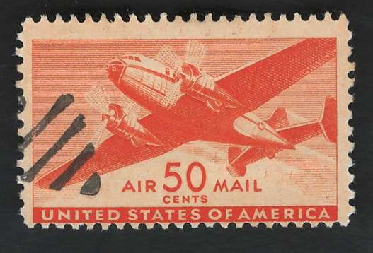 USA Scott Air Post Twin-motored Transport 1941-44  #C31 50c Orange. Price R9 (cv R76)