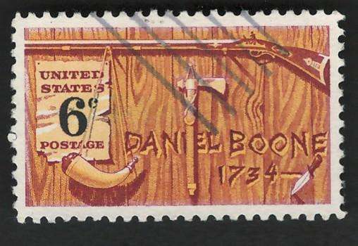 USA 1968 American Folklore: Daniel Boone: Rifle, Powder Horn, Tomahawk Pipe & Knife. Scott #1357