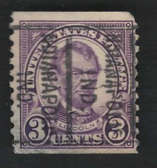 USA 1923/29  (P10 Vert.) Scott #600 3c Violet (Vertical Indianapolis pre-cancel). Price R7