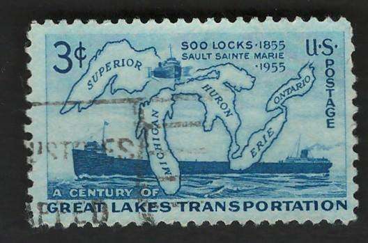 USA 1955 Map of Great Lakes and Two Steamers. Scott #1069