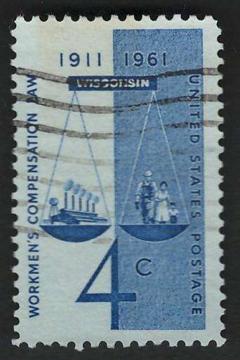 USA 1961 Workmens Compensation: Scales of Justice, Factory, Worker and Family. Scott #1186