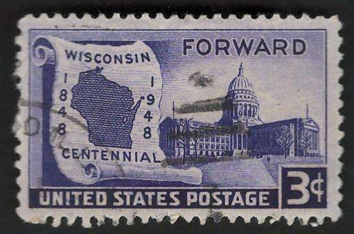 USA 1948 Wisconsin Statehood: Map on Scroll & State Capitol. Scott #957.