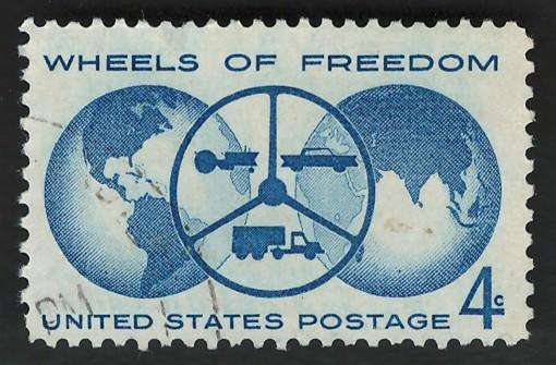 USA 1960 Auto Show Wheels of Freedom: Globe, Steering Wheel with Tractor, Car and Truck. Scott #1162