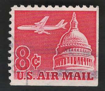 USA Scott Air Post 1962 Jet Airliner over Capital. #C64 8c Carmine (booklet pane single). Price R2