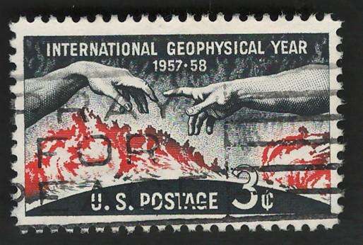 USA 1958 Geophysical Year: Solar Disc and Hands from Michelangelos Creation of Adam. Scott #1107