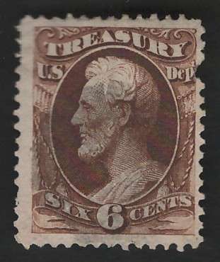 USA Scott 1873 Official Stamps: Treasury #O75 6c Brown. Price R19 (cv R78)