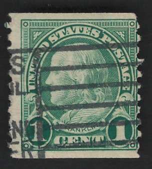 USA-1923/29  (P10 Vert.) Scott #597 1c Green. Price R5