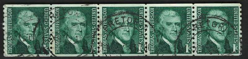 USA 1966-81 Prominent Americans (P10 Vert.): Thomas Jefferson (Strip of 5). Scott #1299