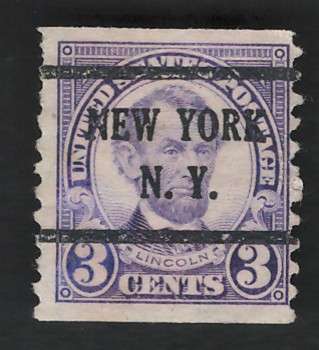 USA 1923/29  (P10 Vert.) Scott #600 3c Lilac (New York pre-cancel). Price R7
