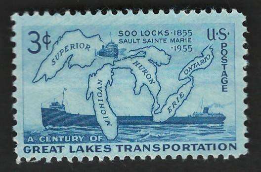 USA 1955 Map of Great Lakes and Two Steamers (MNH). Scott #1069
