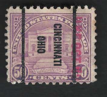 USA 1931 (P11x10½) Scott #701 50c Red Lilac (Vertical Cincinnati pre-cancel). Price R7