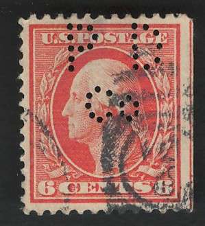 USA-Scott 1910/11 #379 6c Red Orange (company perfin's). Price R9