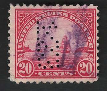 USA-1922/25  (P11) Scott #567 20c Deep Carmine Rose (company perfins). Price R7
