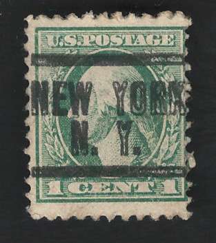 USA-Scott 1918/20  P11 #525 1c Emerald (New York pre-cancel). Price R9 (cv R37)
