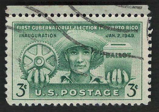 USA 1949 Puerto Rican Farmer Holding Cogwheel and Ballot Box. Scott #983