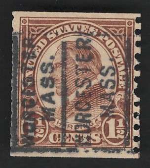USA 1923/29  (P10 Vert.) Scott #598 1½c Brown (vertical Worcester pre-cancel). Price R7