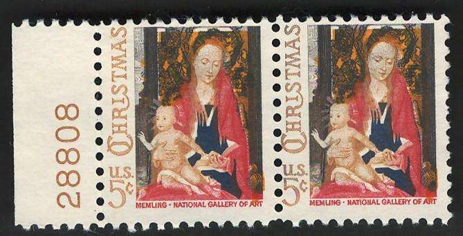 USA 1966 Christmas: Madonna and Child by Hans Memling (Unused  Plate number pair). Scott #1321
