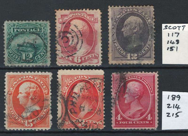 USA Scott #117, #148, #151, #189, #214, #215. Price R86 (cv R8,936)