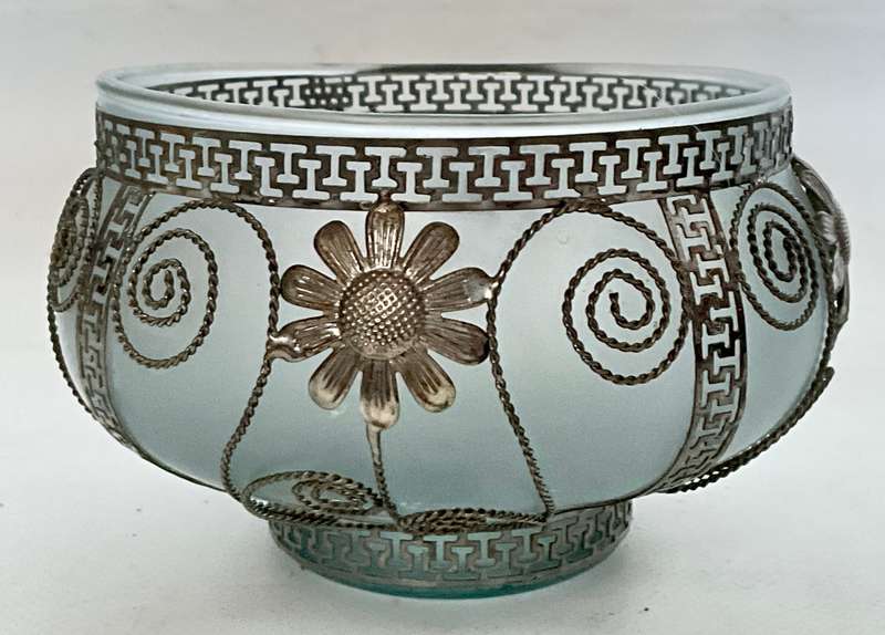 Very pretty frosted glass bowl with ornamental wirework frame