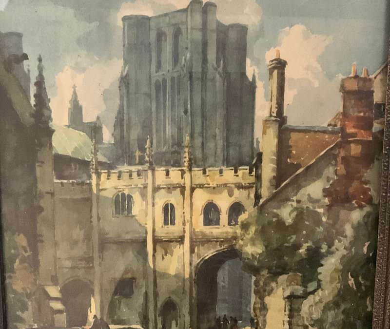 Large vintage print of a cityscape by W. Hams of a castle/cathedral, in a black wooden frame