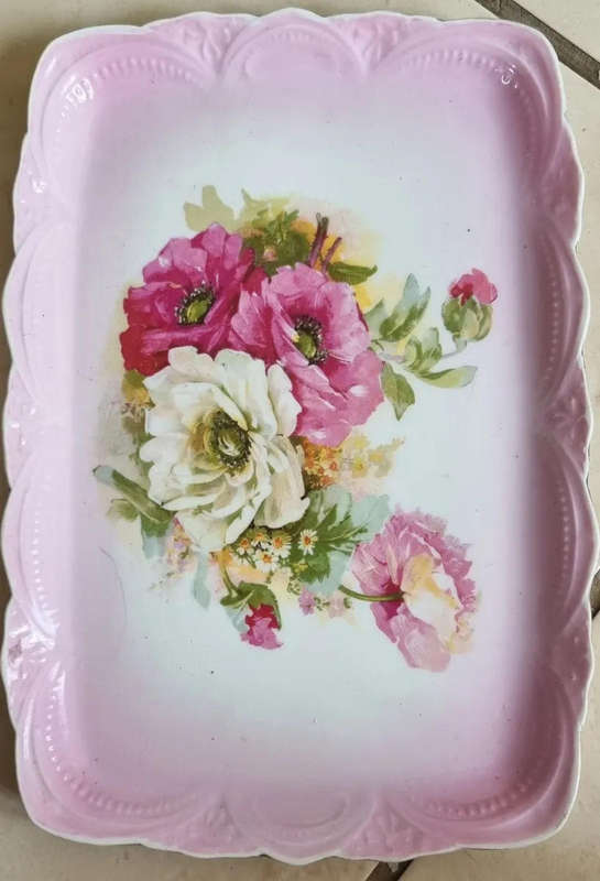 Handpainted roses Vintage china bureau/dresser/vanity jewelry trinket tray.