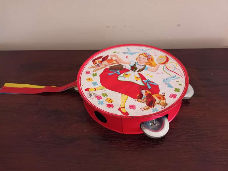 VINTAGE Tin Litho Enamel Tambourine Toy kitsch Nursery Decor Girl Flowers & Puppies