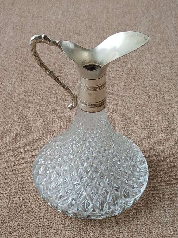 VINTAGE Italian Crystal Glass Silver Plate Decanter Pitcher Ewer Claret Wine Jug